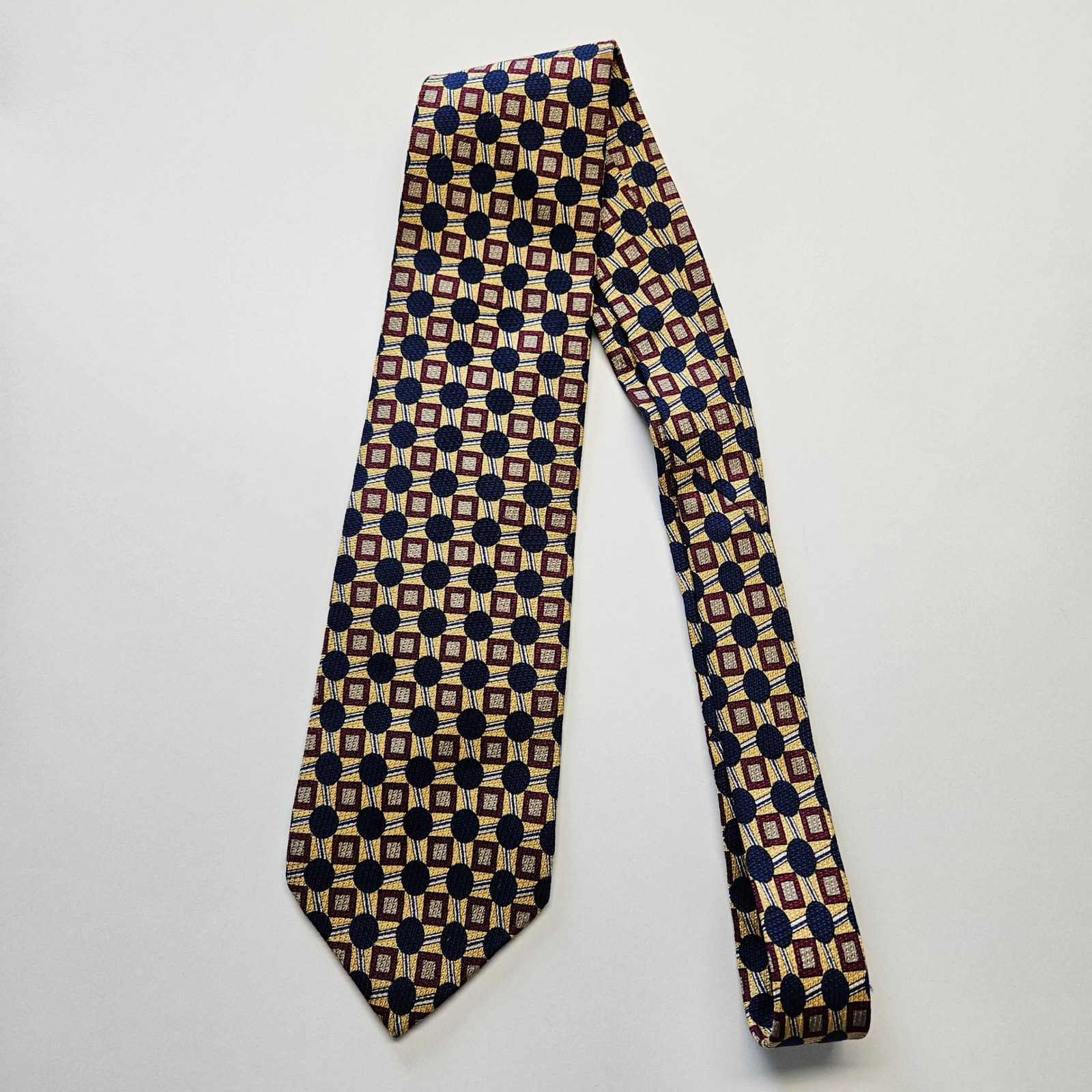 Saks Fifth Avenue Exclusive Mens Silk Tie Geometric Navy Gold Burgundy Usa Made